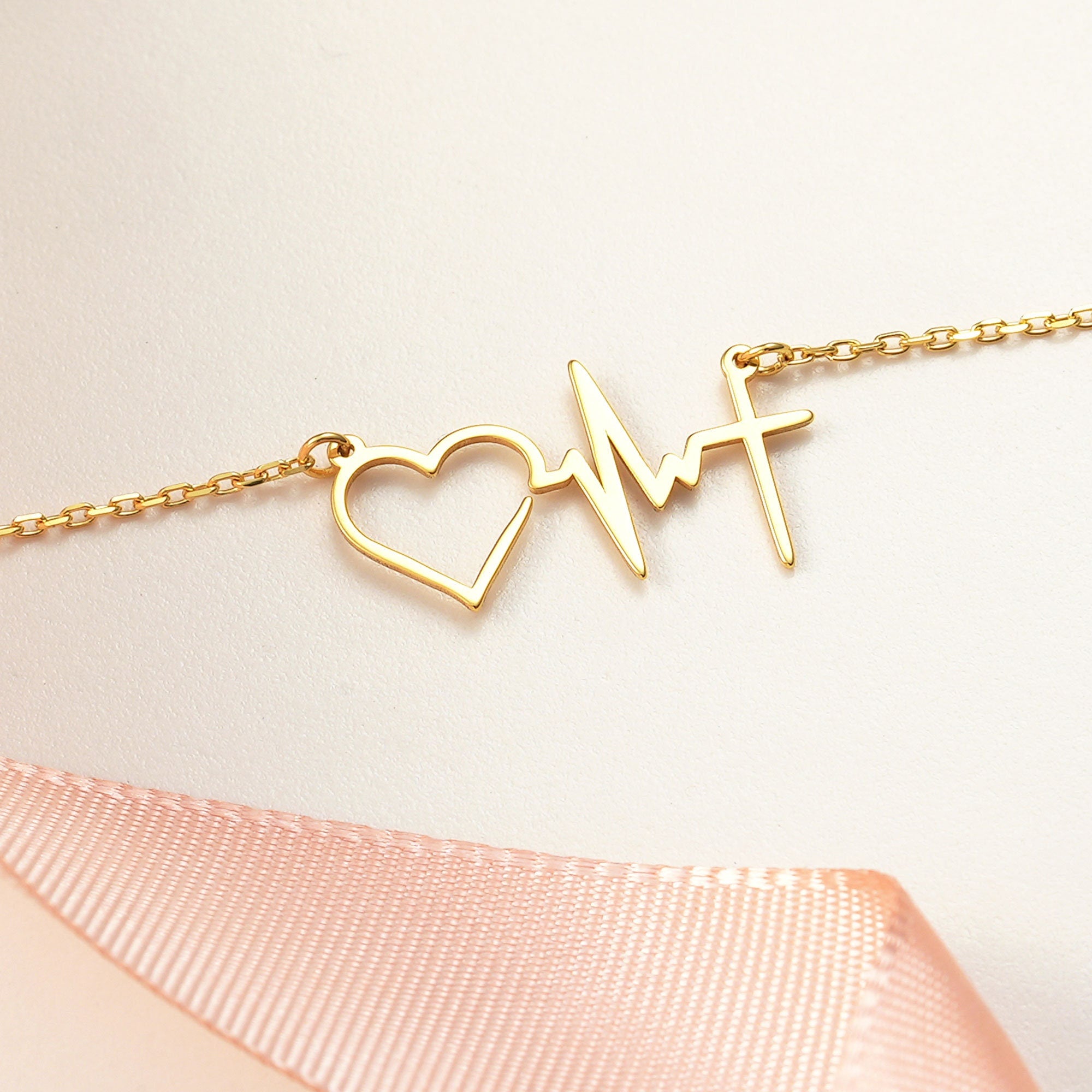 Elegant Electrocardiogram Heart Shape 316 Stainless Steel  18K Gold Plated Pendant Necklace cable chain